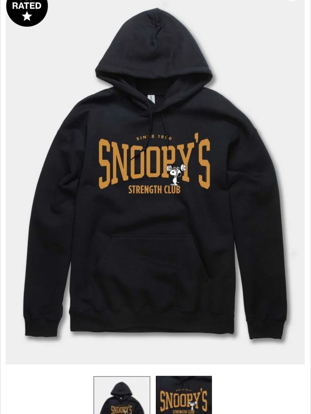 Snoopy's Strength Club Black Pullover Hoodie Nwot
